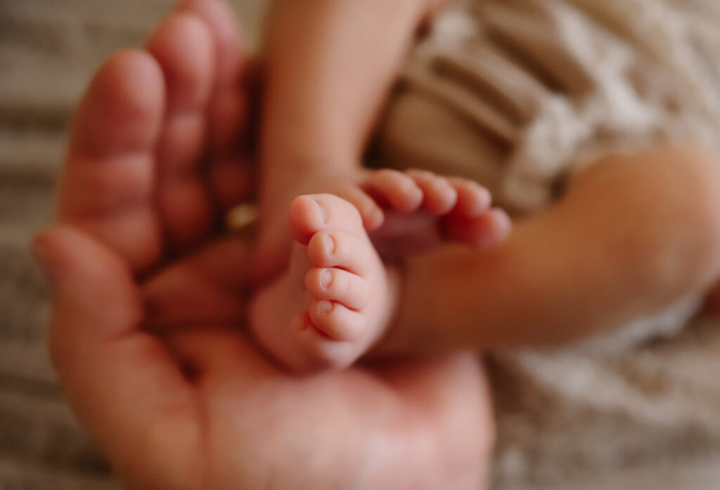 Sweet newborn image of a mom's hand holding her baby's feet